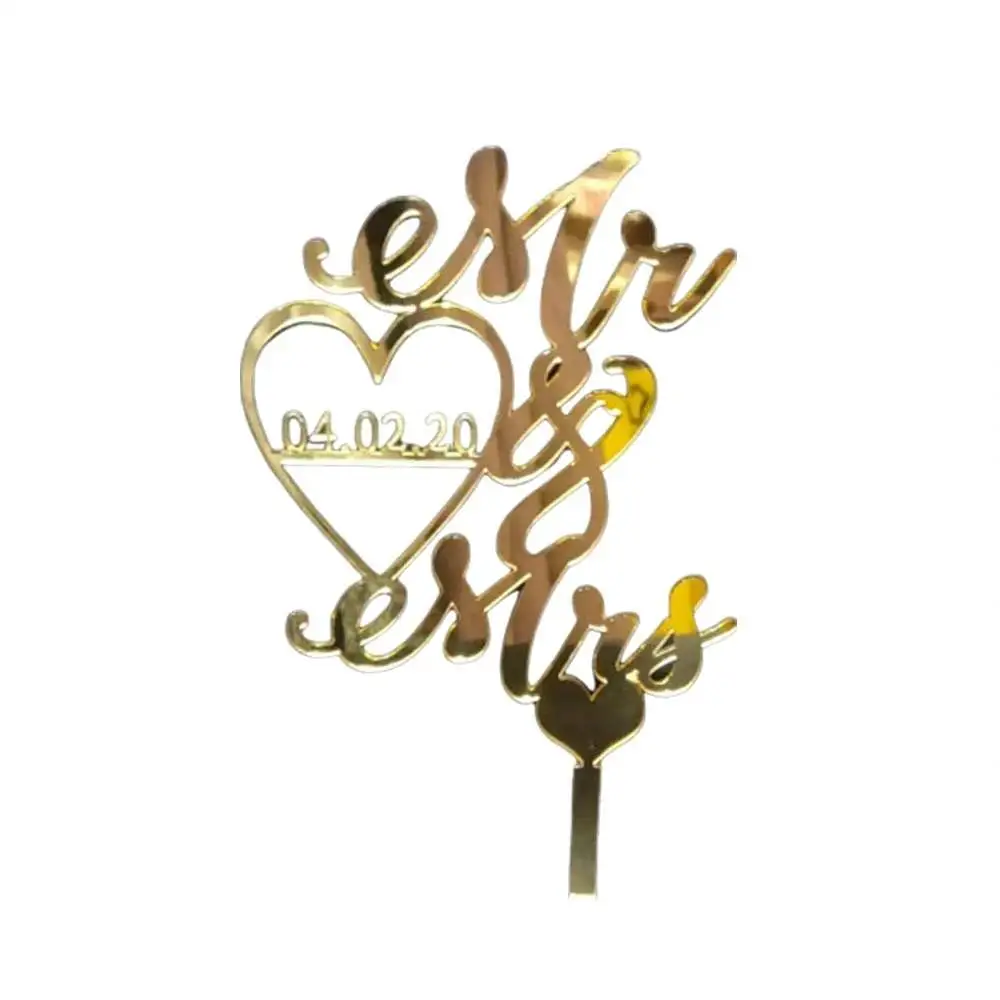 Mr and Mrs Wedding Date Cake Topper-Gold